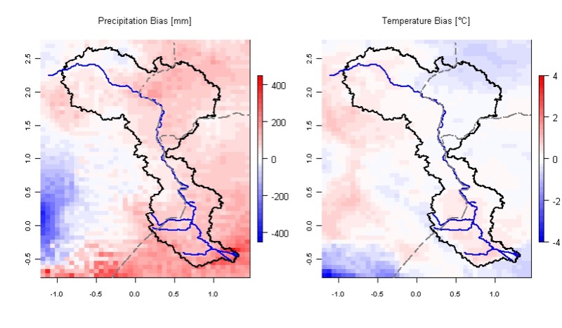 Bias of the long-term yearly means for precipitation and 2m temperature