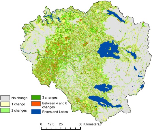 Spatial distribution and persistence of land cover changes over the whole study periods (1985–2011).