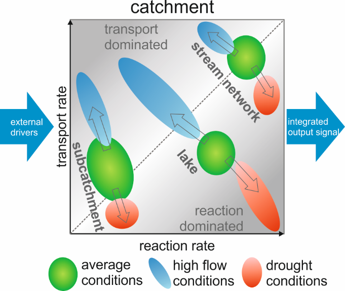 The interplay between reaction and transport rates in different compartments of a catchment under average and extreme conditions.