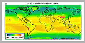 UV-B Durchschnittswerte mit der im Schnitt höchsten monatlichen Strahlungsintensität weltweit. (Quelle: Tomáš Václavík/UFZ)