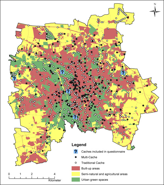 Study area with localities of geocaches and aggregated land cover data from the Urban Atlas project