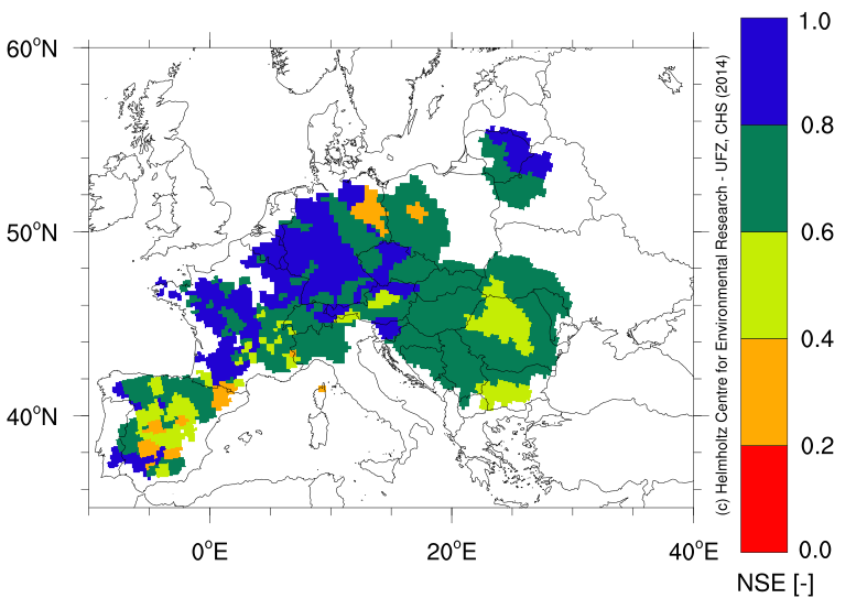 mHM performance over 346 European basins. High NSE (blue, green) corresponds to a good fit of simulated discharge with observations.