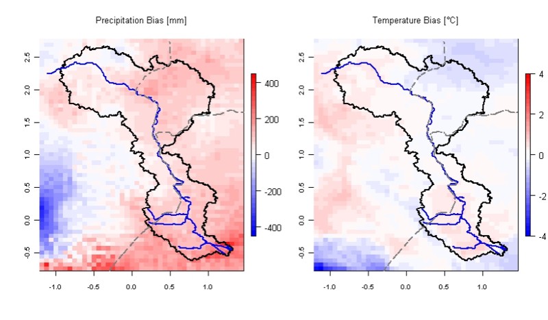 Bias der langjährigen jährlichen Mittelwerte für Niederschlag und 2m Temperatur