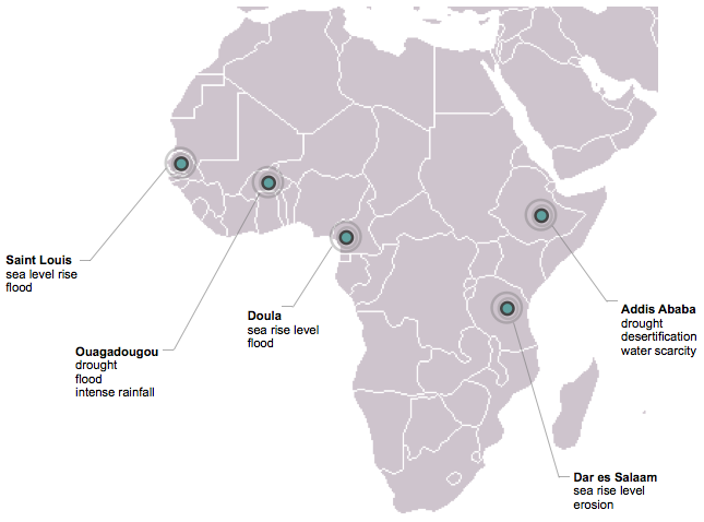 CLUVA - Karte der afrikanischen Partnerstädte sowie ausgewählte Naturgefahren