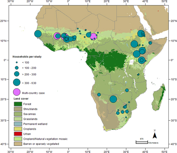 Geographical distribution of the 63 reviewed studies.