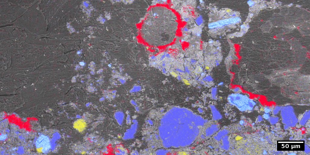 Scanning electron micrograph of roots in soil overlaid with chemical maps obtained from energy-dispersive X-ray spectroscopy.
Sample & Image: Dr. Chaturanga Bandara, Dr. Matthias Schmidt, ProVIS, UFZ.