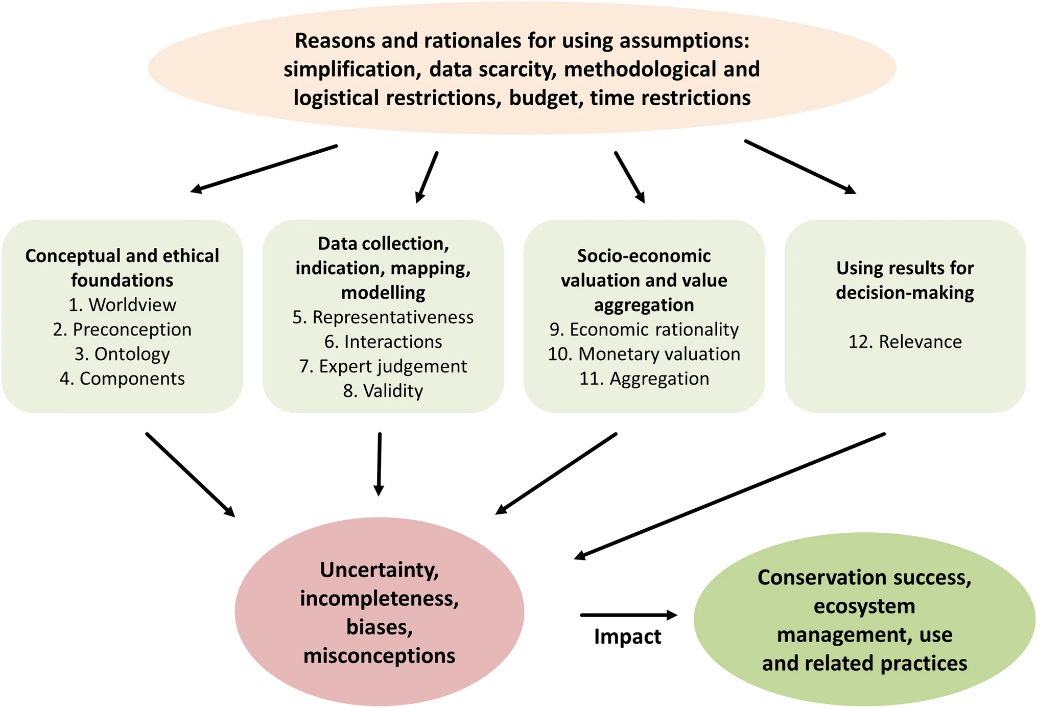 Twelve types of assumptions in four domains contribute to uncertainties, incompleteness, biases or misconceptions of ecosystem service assessments. These, in turn, can have impacts on the success of conservation decisions and ecosystem management and use informed by these assessments