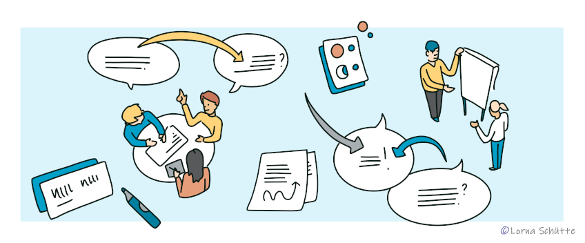 People sitting together and working, speech bubbles, notebooks (© Lorna Schütte) People sitting together and working, speech bubbles, notebooks (© Lorna Schütte)