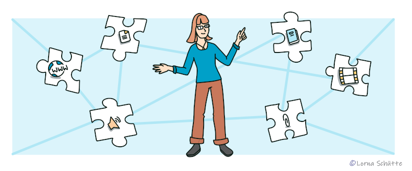 Frau steht inmitten von Puzzleteilen, welche verschiedene Symbole von Dateiformaten auf sich tragen (© Lorna Schütte) Frau steht inmitten von Puzzleteilen, welche verschiedene Symbole von Dateiformaten auf sich tragen (© Lorna Schütte)