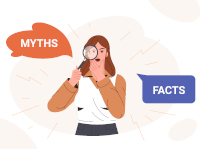 Frau mit Lupe, Wörter "Myths" und "Facts" im Hintergrund Quelle: redgreystock/freepik