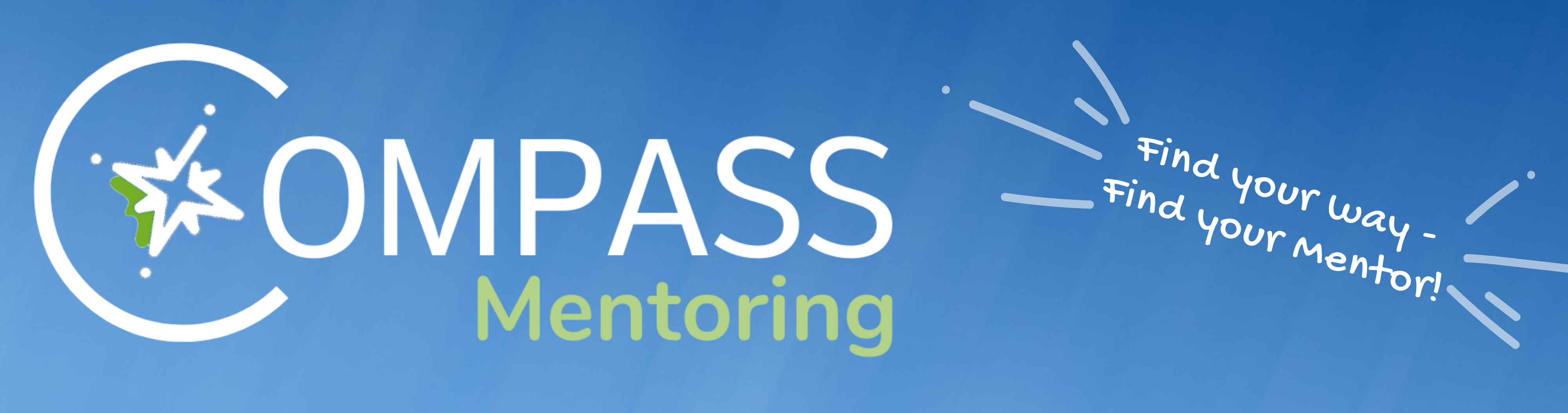 Banner des COMPASS Mentoring Programmes, blauer Hintergrund und weiße Schrift