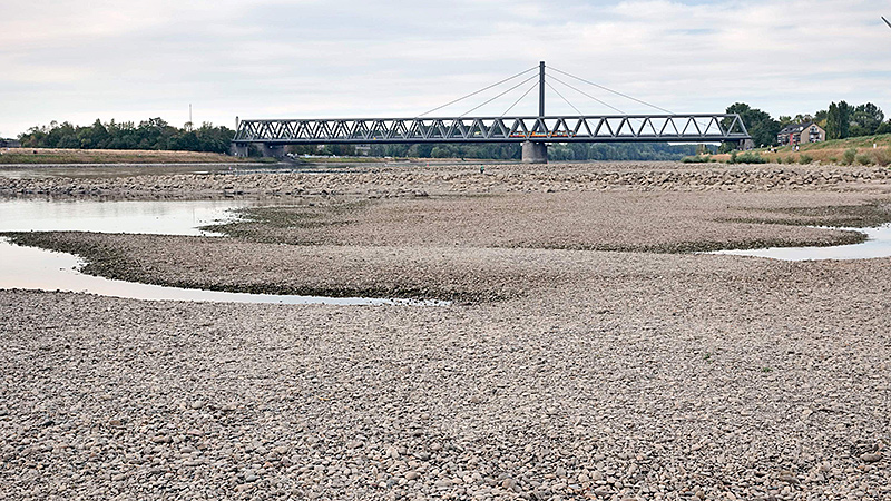 Rhein bei Karlsruhe. Erstmalig in 50 Jahren war das Gehen auf dem Gewässergrund zwischen den Buhnen möglich. 
Foto: Holger Tuttas, August 2022