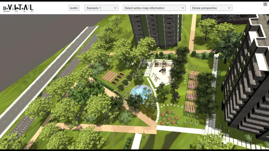 Überblick Grünfläche: Szenario mit zusätzlicher Vegetation, Wasserfläche, Spielplatz und Aufenthaltsmöglichkeiten