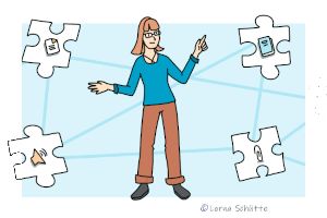 Frau greift nach Puzzleteilen, blauer Hintergrund (© Lorna Schütte)