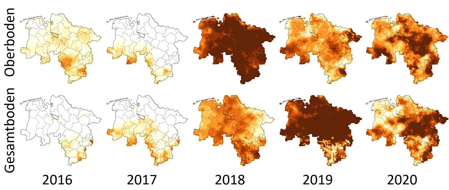 Entwicklung Dürrestärke in Niedersachsen von 2016 bis 2020