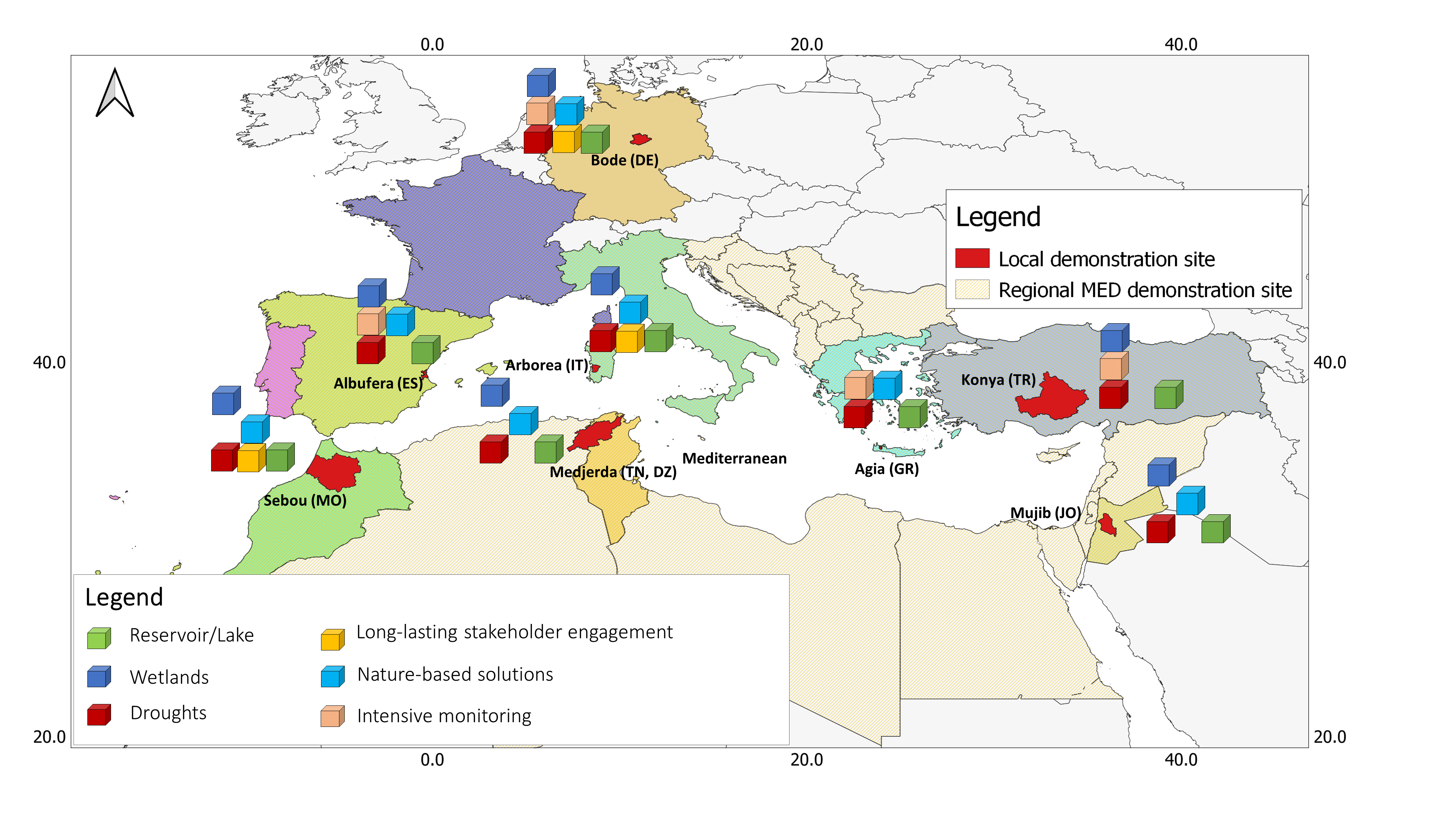 OurMED consortium comprises ten countries encompassing nine demo sites (eight local and the whole Mediterranean region), representing diverse water-related ecosystems properties. OurMED consortium comprises ten countries encompassing nine demo sites (eight local and the whole Mediterranean region), representing diverse water-related ecosystems properties.