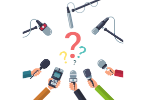 Hands holding microphones, question marks in the middel; verändert nach ©freepik