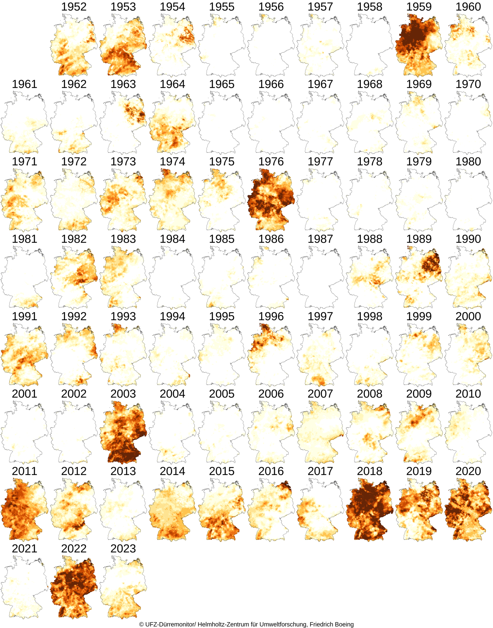 Dürremagnituden in der Vegetationsperiode April bis Oktober im Oberboden 1952 -2019