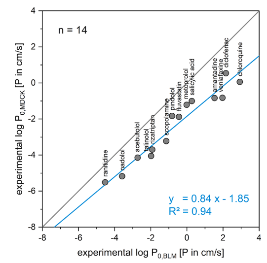 Correlation between experimental permeability measured in MDCK and BLM