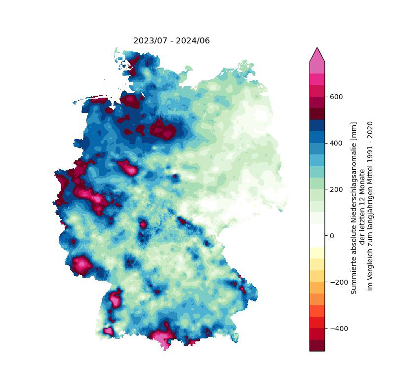 Absolute precipitation anomaly in the period from July 2023 to June 2024 [mm/a]. Comparison is made with the long-term average 1991-2020. The value "600" therefore means that it rained 600 litres per square metre more than expected over the long term. Analysis: F. Boeing (UFZ Drought Monitor).