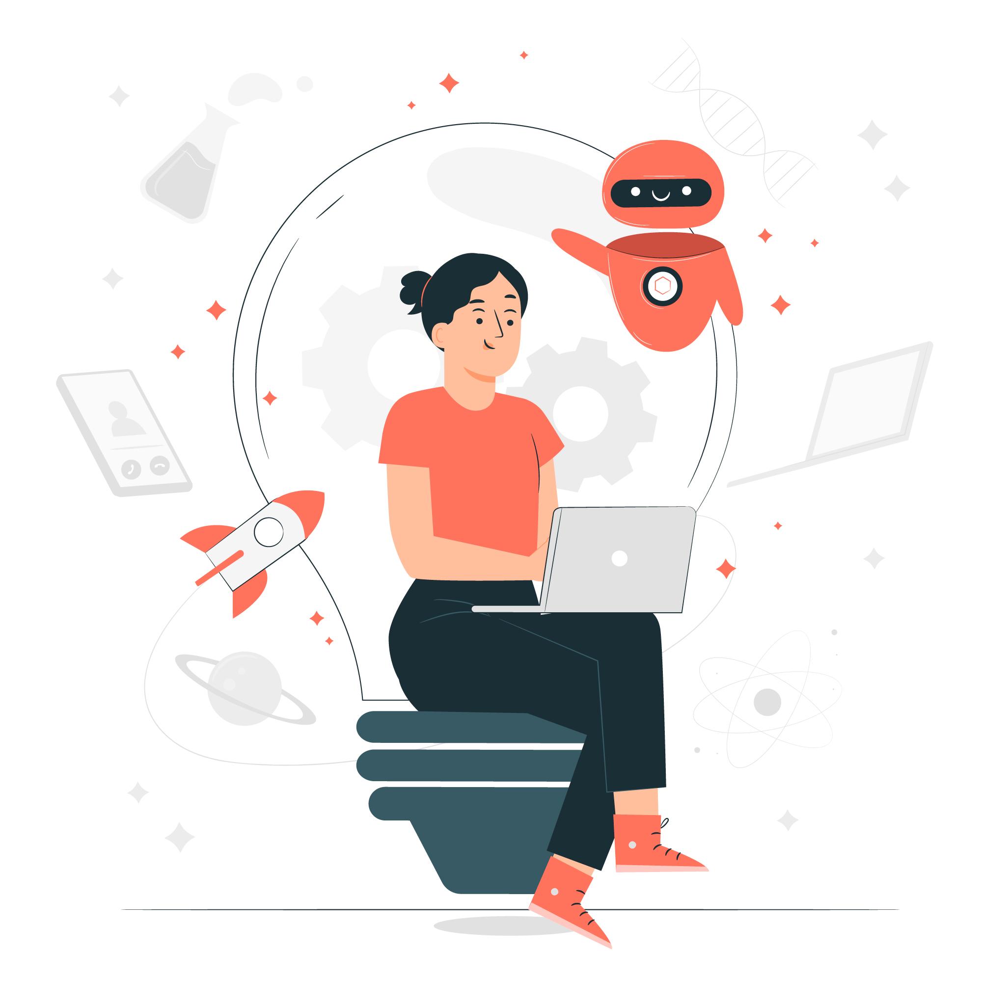 A woman sits with a latop on a light bulb while a small robot floats above her. ©freepik/storyset A woman sits with a latop on a light bulb while a small robot floats above her. ©freepik/storyset