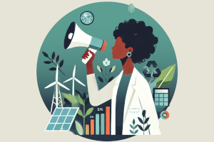 Woman in a lab coat with a megaphone, surrounded by sustainability symbols. AI-generated image (© OpenAI) Woman in a lab coat with a megaphone, surrounded by sustainability symbols. AI-generated image (© OpenAI)