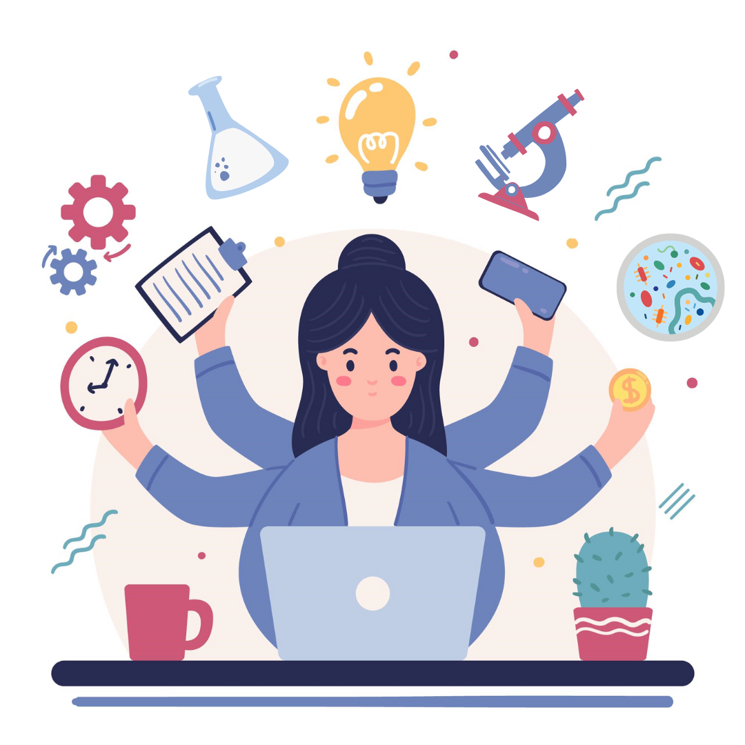 Person juggles many symbols with four arms that match science management. Person juggles many symbols with four arms that match science management.