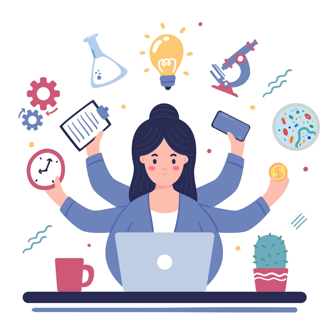 Person is joggling several symbols related so science management with four arms. Person is joggling several symbols related so science management with four arms.