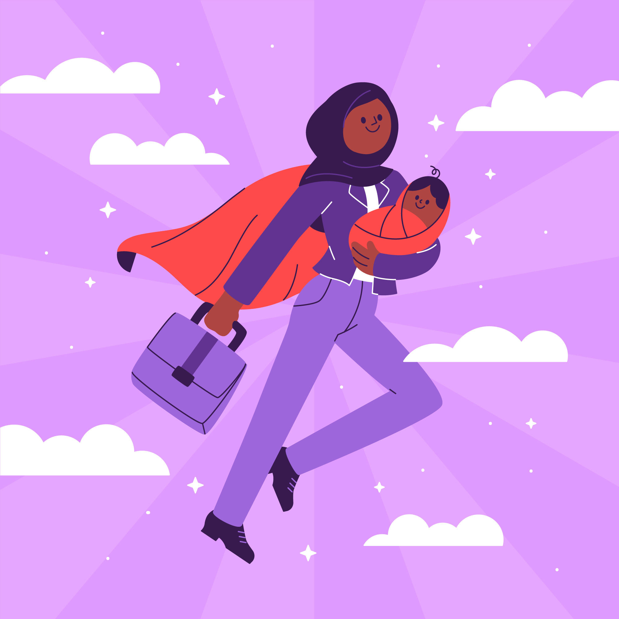 Woman with headscarf and baby in her arm flying towards the sky. Woman with headscarf and baby in her arm flying towards the sky.