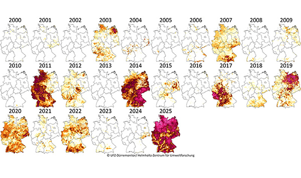 Dürreintensitäten im meteorologischen Frühling (März-Mai) für die Jahre 2000 - 2025. Quelle: UFZ
