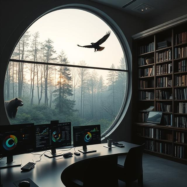 [KI-generiertes Bild] Konzeptionelle Illustration meiner Forschung zu Tier-Umwelt-Beziehungen, die Verhaltensökologie, Landschaftsdaten und Evidenzsynthesen verbindet, um die Lücke zwischen ökologischem Wissen und Naturschutzmaßnahmen zu überbrücken.