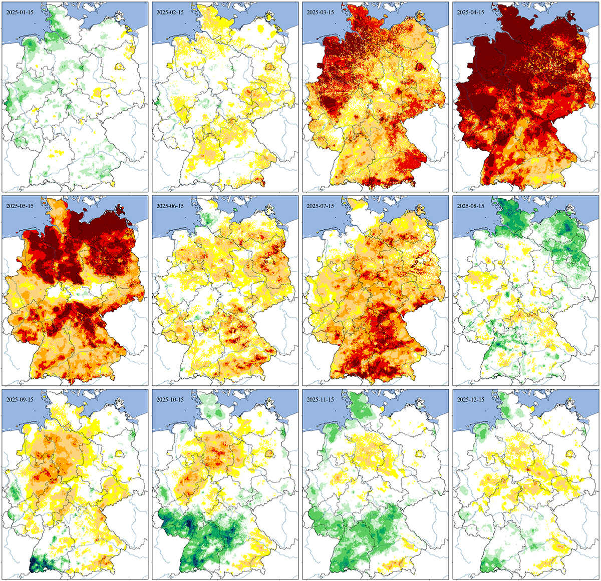 UFZ-D&uuml;rremonitor-Ausschnitt 2025 Bodenfeuchte 0-25cm. Hintergrundkarte: BKG. Quelle: webapp.ufz.de/wis-d