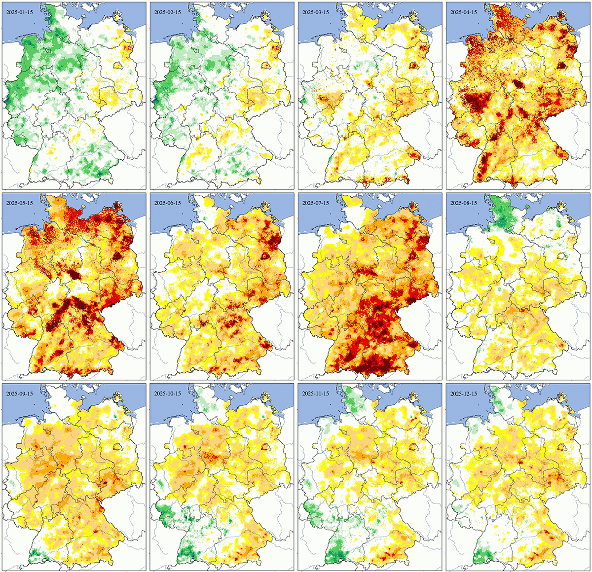 UFZ-D&uuml;rremonitor-Ausschnitt 2025 Bodenfeuchte 0-180cm. Hintergrundkarte: BKG. Quelle: webapp.ufz.de/wis-d