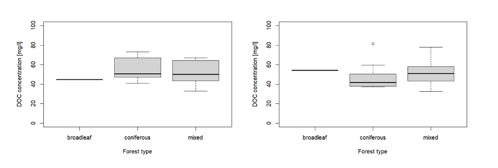 DOC concentrations in the topsoil at 10 cm depth of different forest types