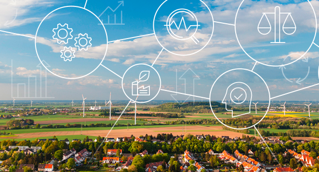 A landscape showing houses, fields, and trees. Various icons are depicted above it, all connected to one another. Photo: UFZ