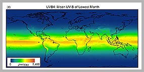 UV-B Durchschnittswerte mit der im Schnitt niedrigsten monatlichen Strahlungsintensität weltweit. (Quelle: Tomáš Václavík/UFZ)