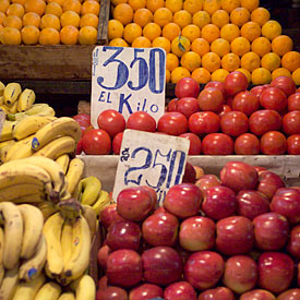Der ökonomische Nutzen durch Insekten als Bestäuber betrug allein 2005 etwa 150 Milliarden Euro. Das entspricht knapp einem Zehntel des Gesamtwertes der Weltnahrungsmittelproduktion. Marktstand in Santiago de Chile