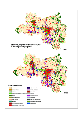 Die Karte zeigt das Szenario ungesteuertes Wachstum in der Region Leipzig-Halle Karte: Die Karte zeigt das Szenario ungesteuertes Wachstum in der Region Leipzig-Halle