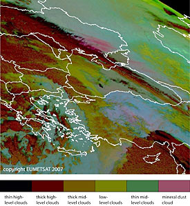 Dust source activation on 23 March 11:00 UTC over the southern Ukraine (arrow) Dust source activation on 23 March 11:00 UTC over the southern Ukraine (arrow)
