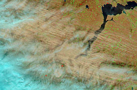 The MODIS-Aqua composite image of Southern Ukraine on 23 March 2007, 10:50 UTC reveals the large scale emission of agricultural dust.