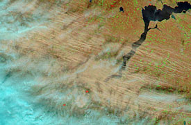 The MODIS-Aqua composite image of Southern Ukraine on 23 March 2007, 10:50 UTC reveals the large scale emission of agricultural dust. The MODIS-Aqua composite image of Southern Ukraine on 23 March 2007, 10:50 UTC reveals the large scale emission of agricultural dust.