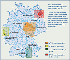 Deutschlandkarte mit den Untersuchungsgebieten des Projektes TERENO