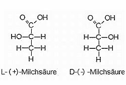 Strukurformel der Milchsäure (L- und D-Form)