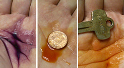 Color-tests of iron powder, copper penny, brass key Color-tests of iron powder, copper penny, brass key
