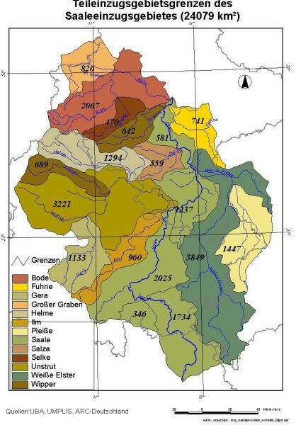 Einzugsgebiet der Saale, Teileinzugsgebietsgrenzen, Karte