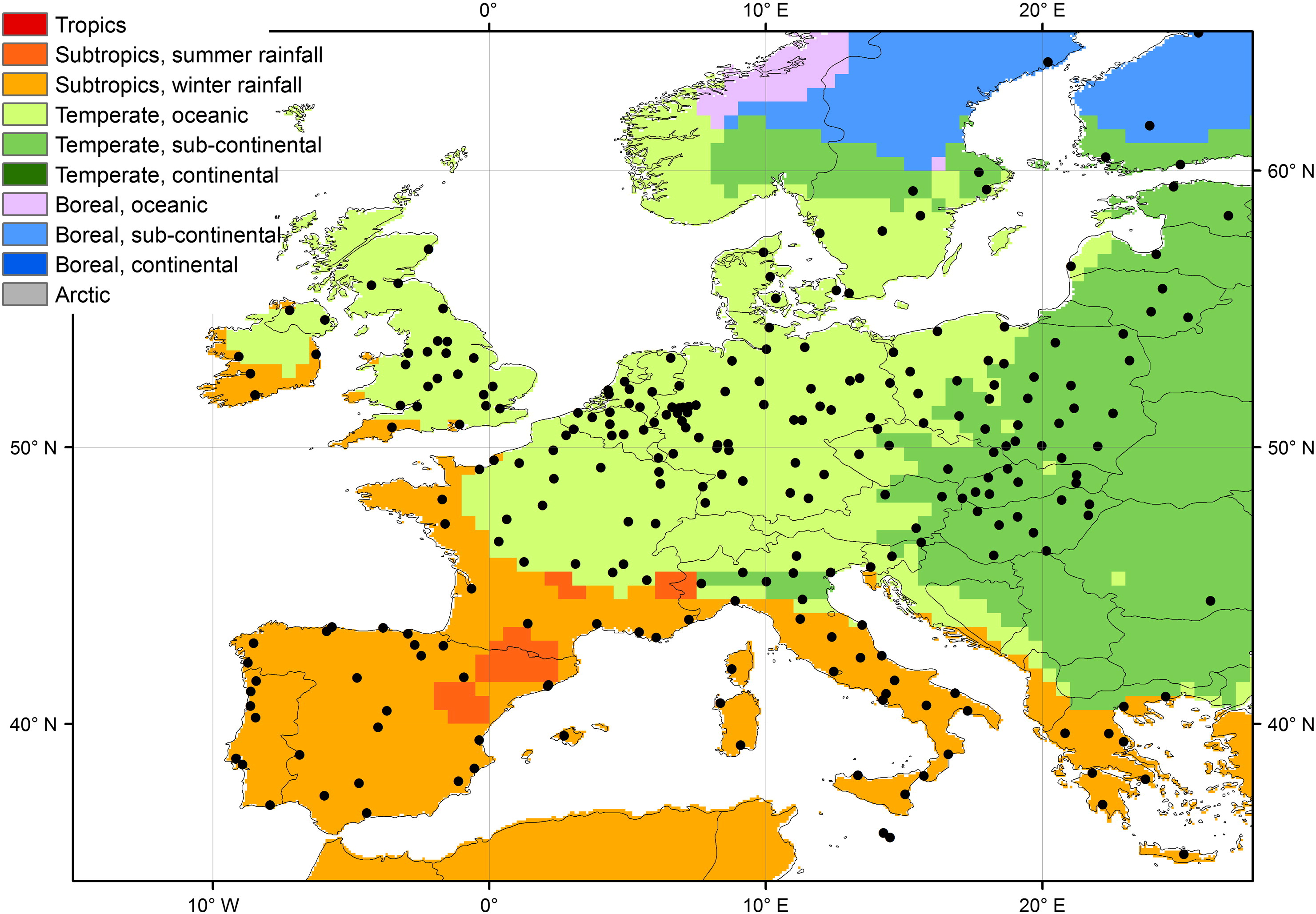 Map of analysed cities with thermal climatic zones by the FAO