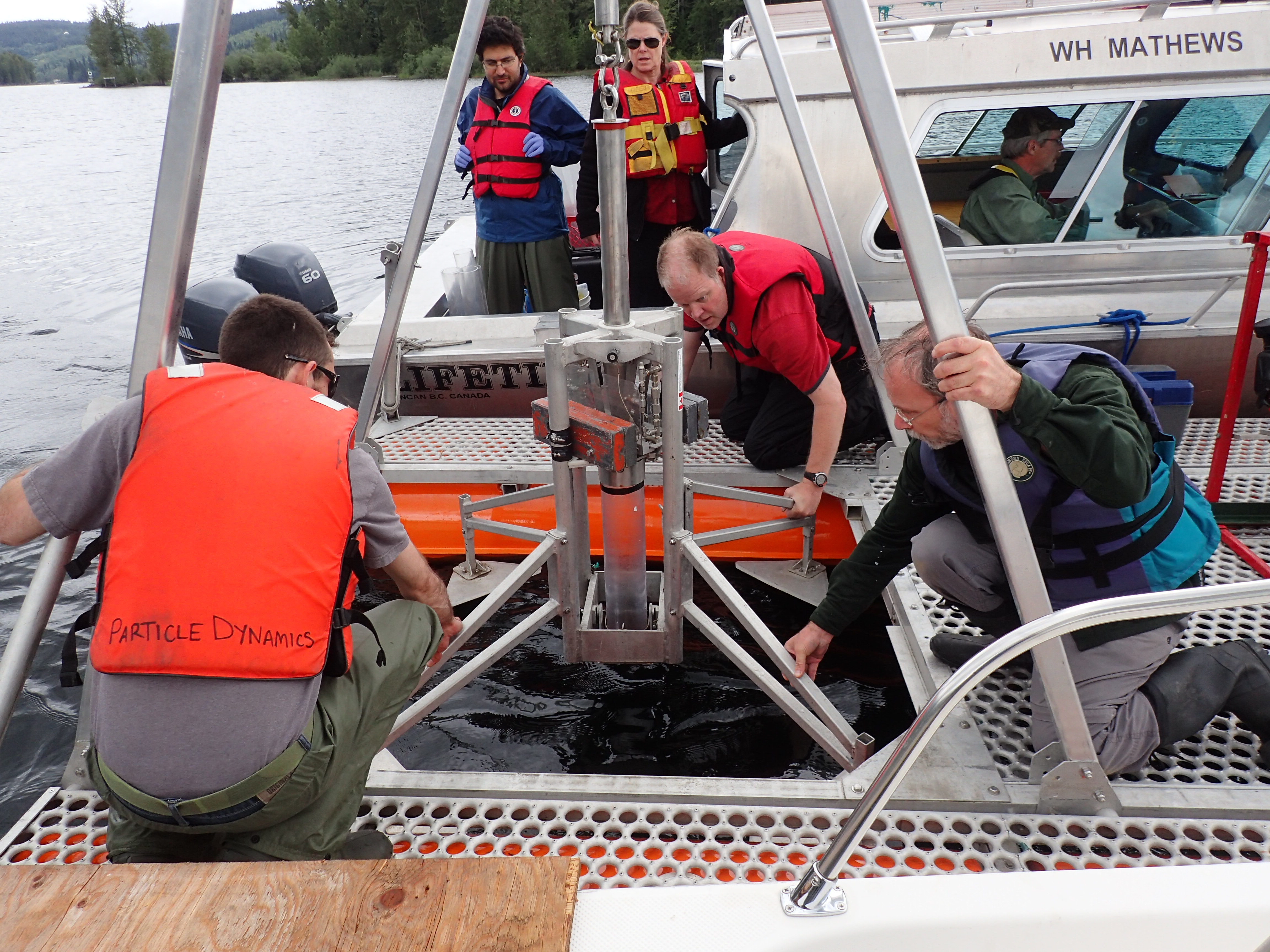 Using a "slo-corer" to collect sediment cores from the bottom of Quesnel lake, British Columbia, one of the deepest lakes in North America at >550 m deep (P Owens)