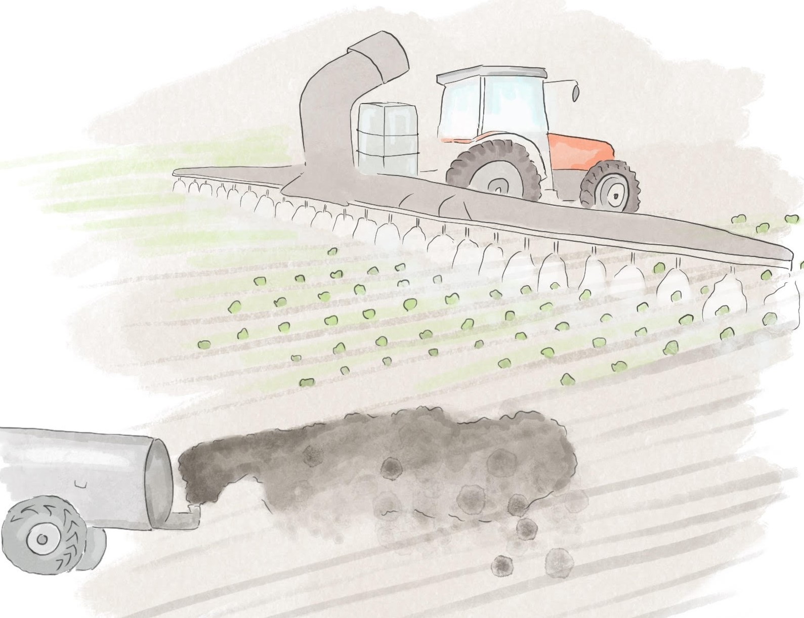 Zeichnung mit Feld, düngerausbringenden Traktor und Zielmarke von 50% Zeichnung mit Feld, düngerausbringenden Traktor und Zielmarke von 50%