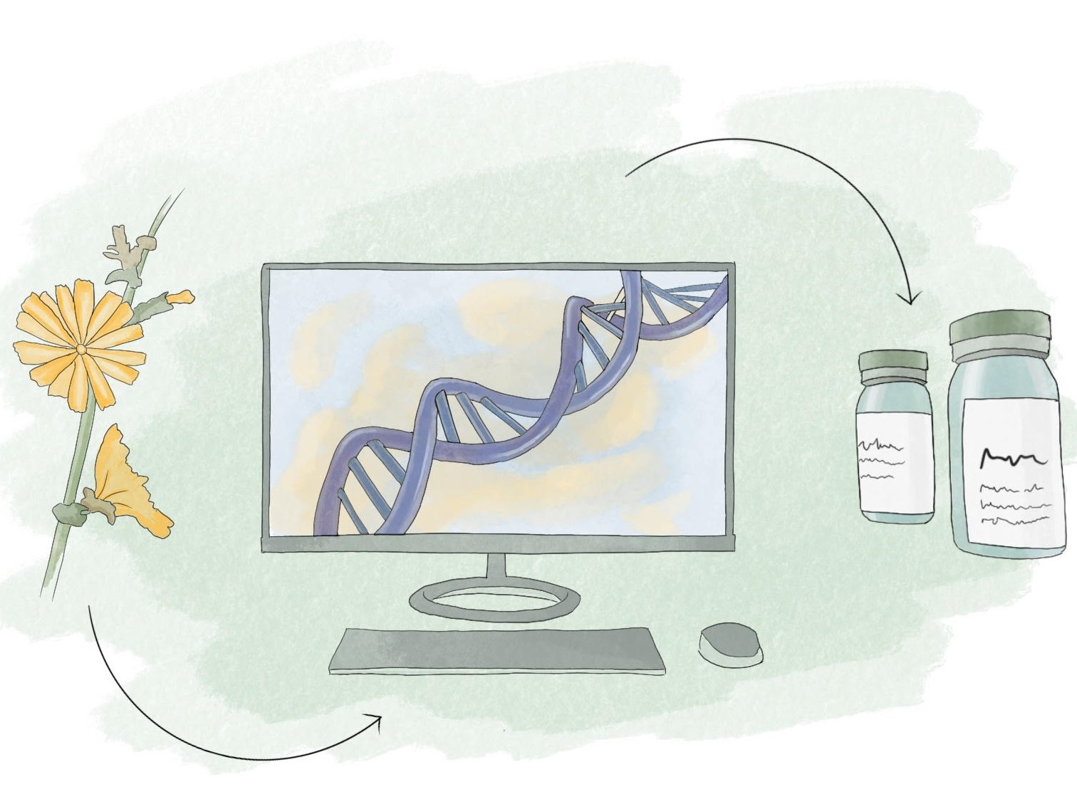 Zeichnung mit Pflanze, DNA-Helix und Medizinflasche