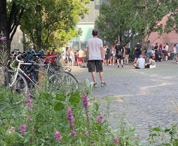 Ein Beet mit Blumen im Vordergrund, dahinter ein Platz in der Stadt mit Menschen an einem Haus und ein paar Bäumen